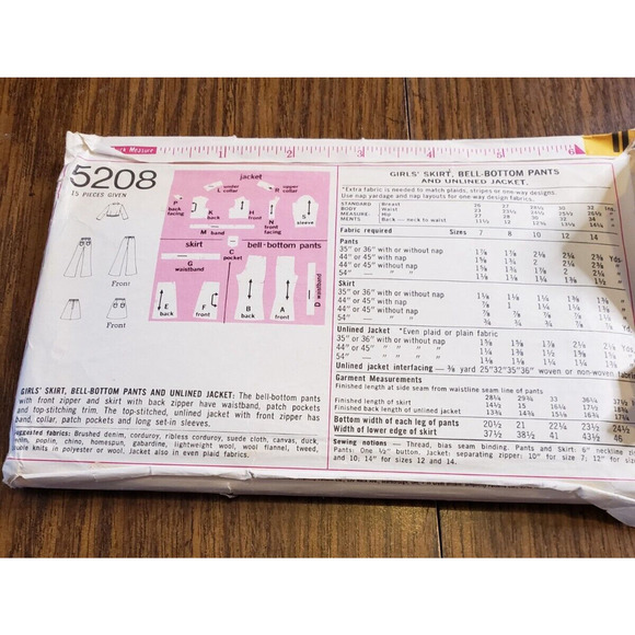 Simplicity 5208 Girl Skirt Unlined Jacket Bell-Bottom Pants Child 14 CUT - Picture 2 of 6